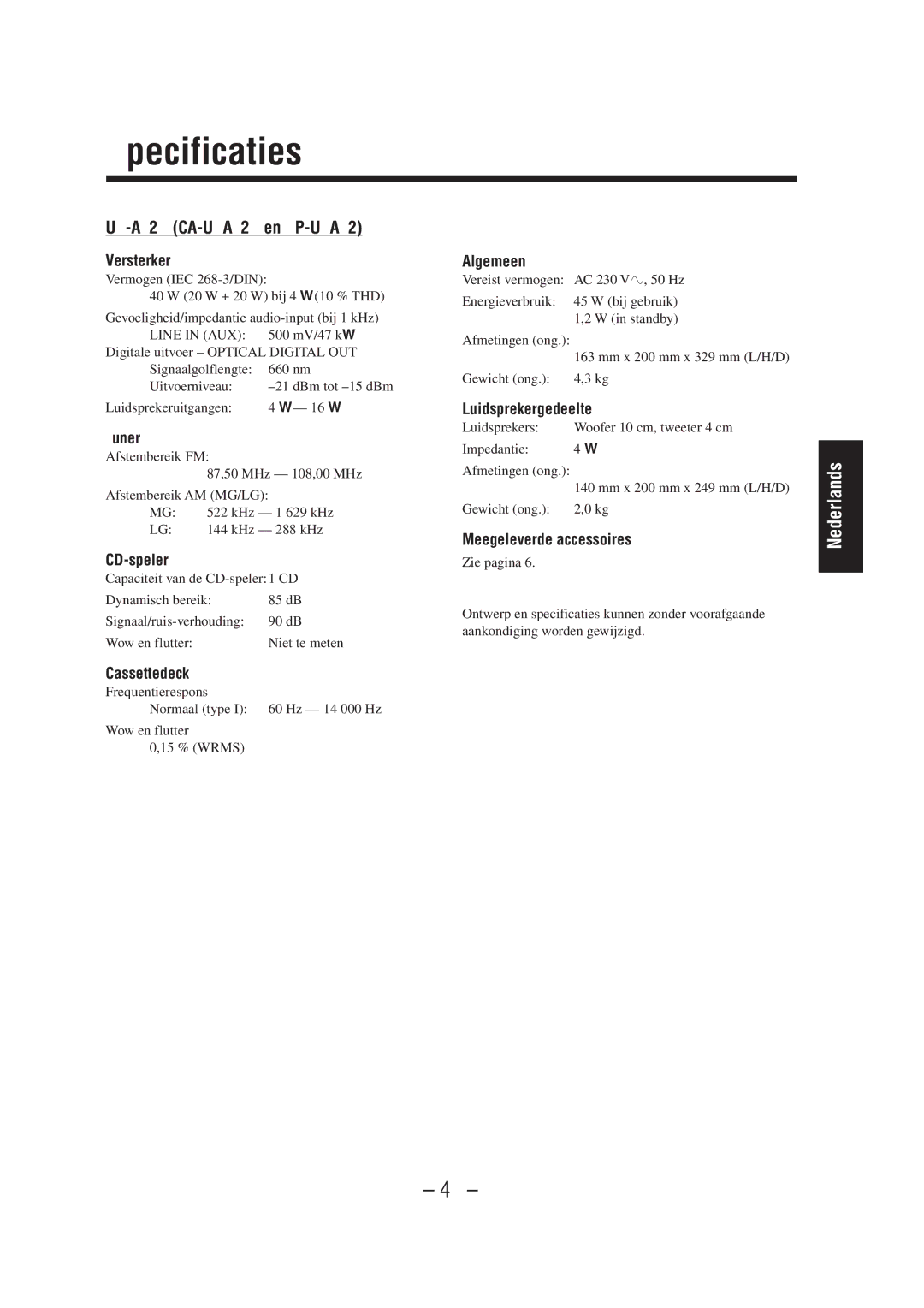 JVC UX-A52R manual Specificaties 