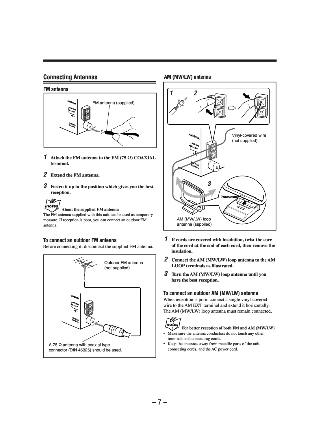 JVC UX-A52R manual Connecting Antennas, To connect an outdoor FM antenna, AM MW/LW antenna 