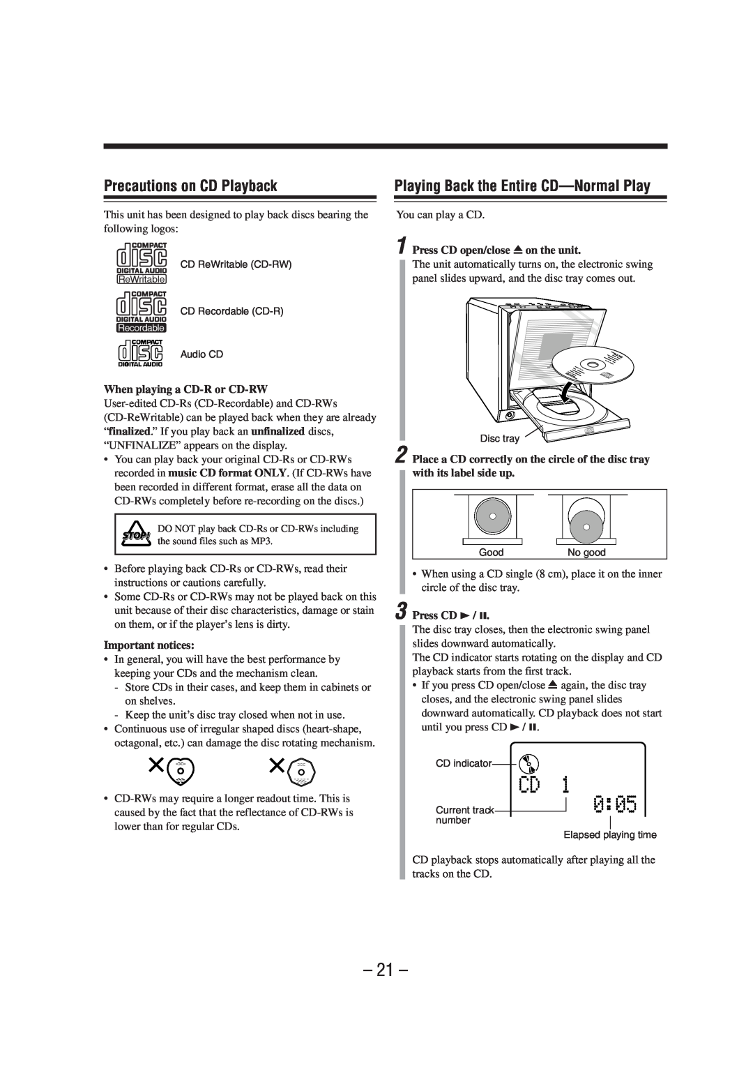 JVC UX-A52R manual Precautions on CD Playback, Playing Back the Entire CD-NormalPlay 
