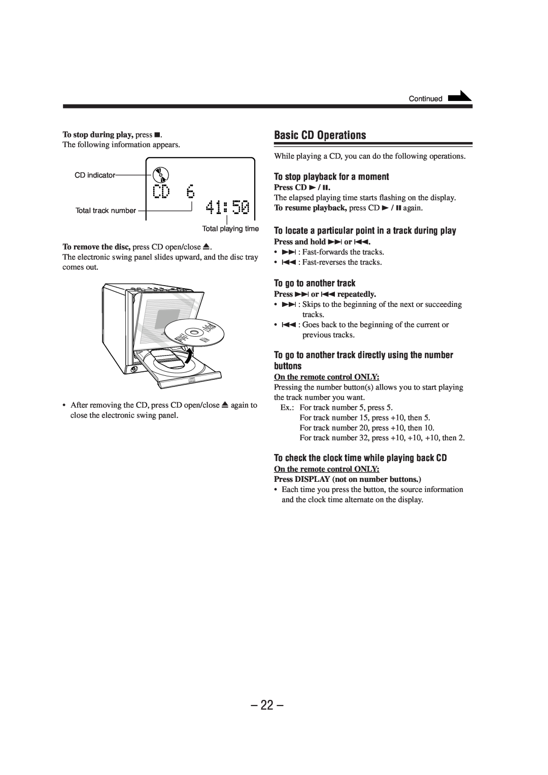 JVC UX-A52R manual Basic CD Operations, To stop playback for a moment, To go to another track 