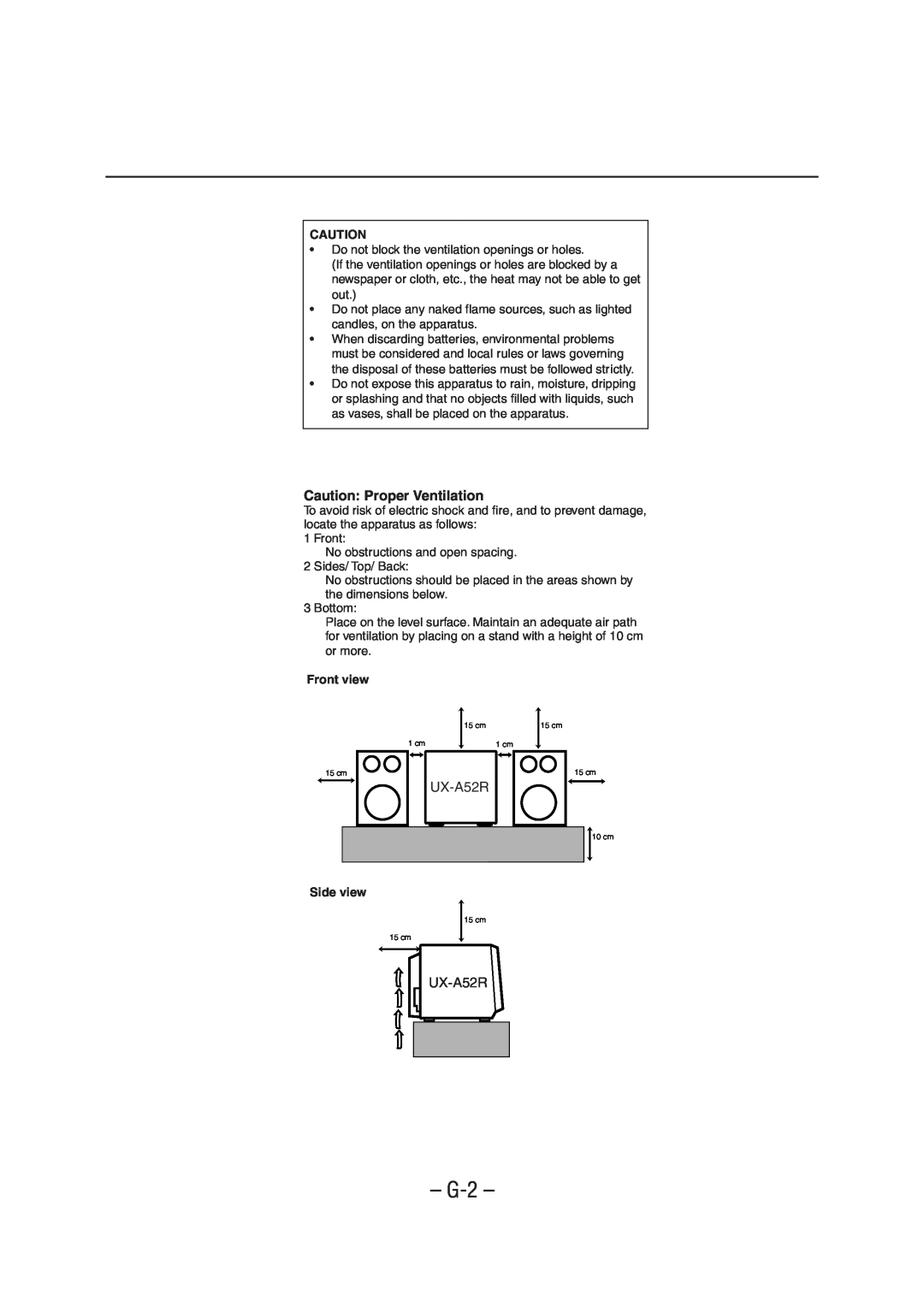 JVC UX-A52R manual G-2, Caution Proper Ventilation, Front view, Side view 