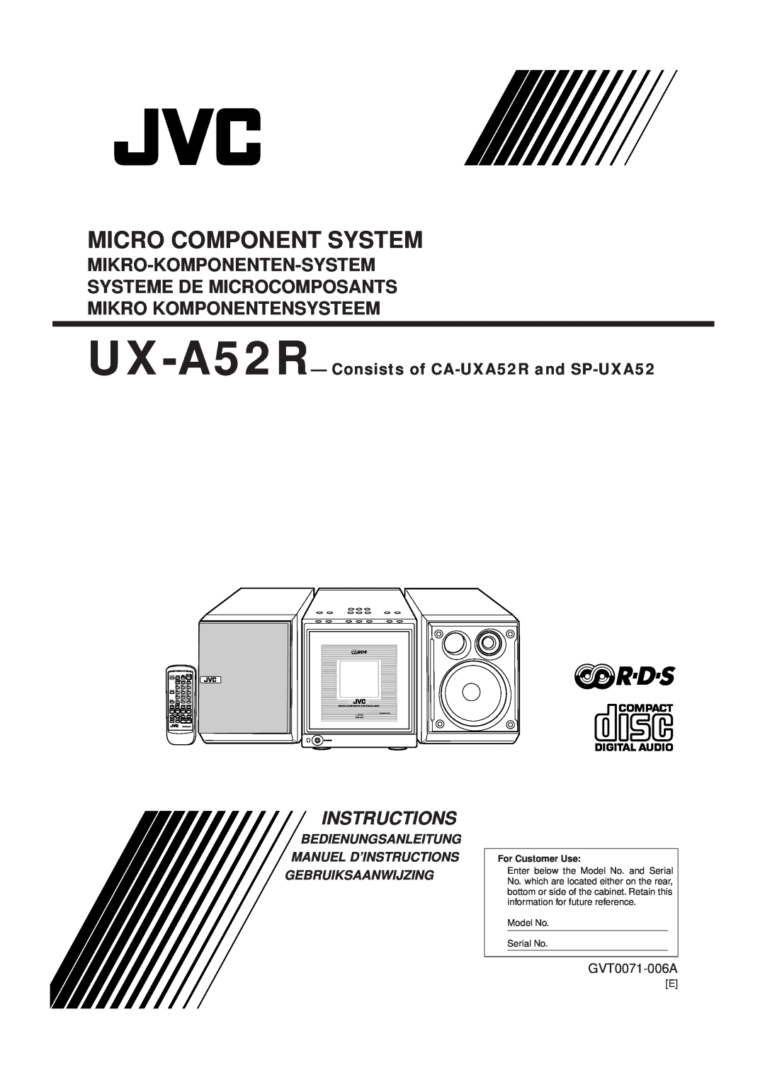 JVC manual UX-A52R - Consists of CA-UXA52Rand SP-UXA52, GVT0071-008A, Micro Component System, Instructions, Standby/On 