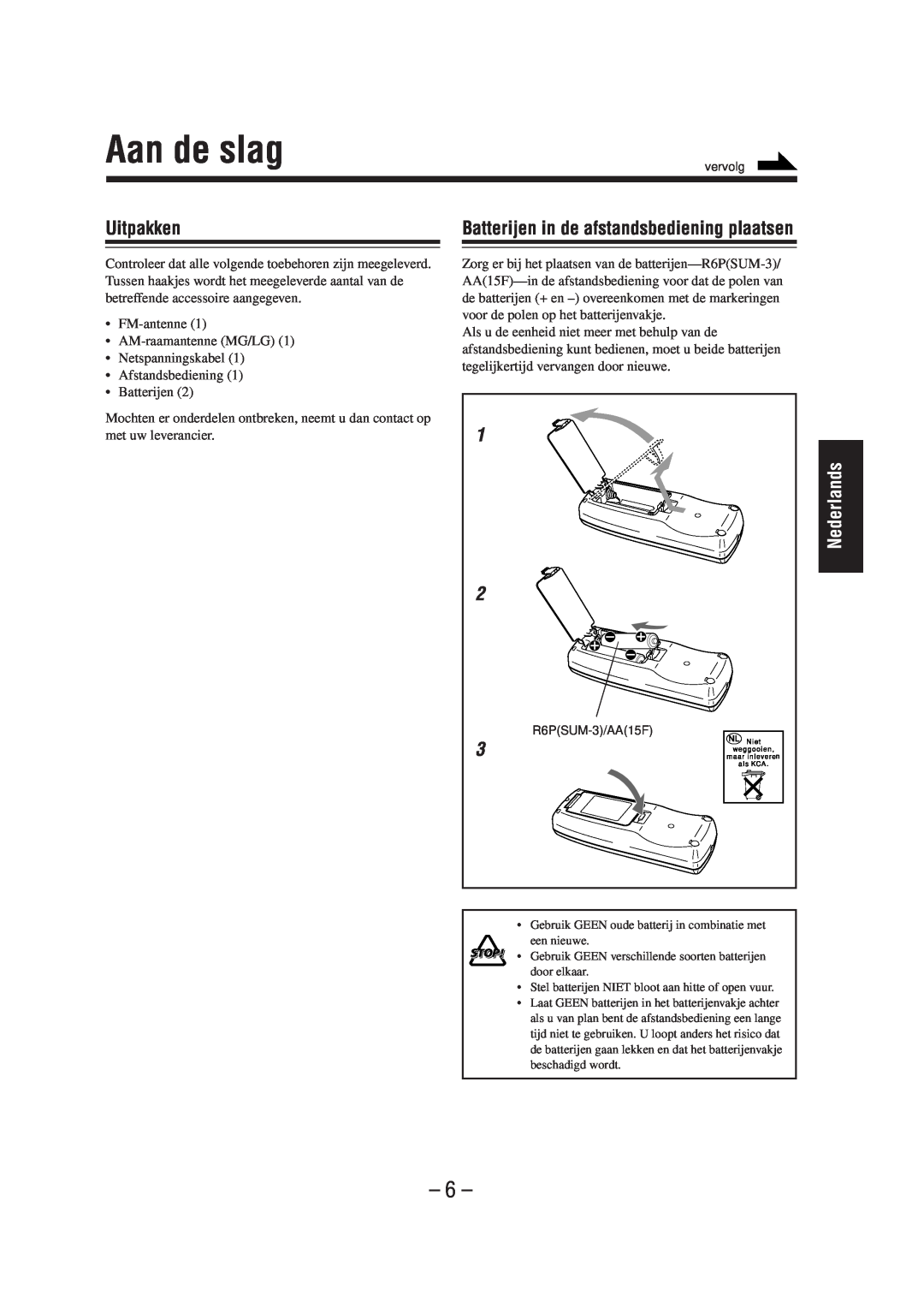 JVC UX-A52R manual Aan de slag, Uitpakken, Batterijen in de afstandsbediening plaatsen, Nederlands 