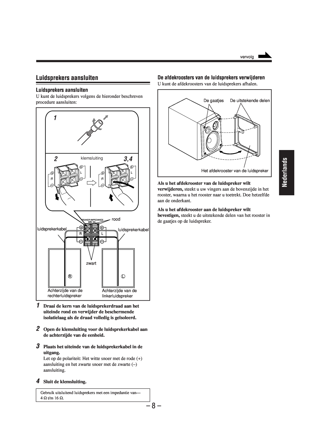 JVC UX-A52R manual Luidsprekers aansluiten, Nederlands, De afdekroosters van de luidsprekers verwijderen 
