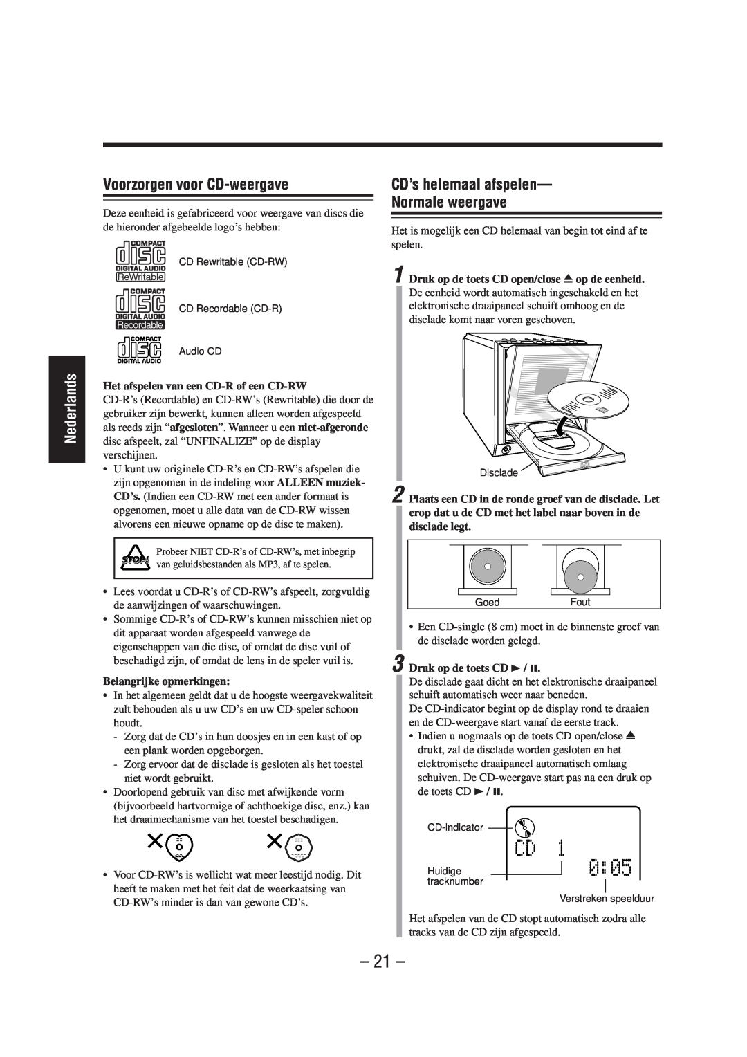 JVC UX-A52R manual Voorzorgen voor CD-weergave, CD’s helemaal afspelen- Normale weergave, Nederlands 