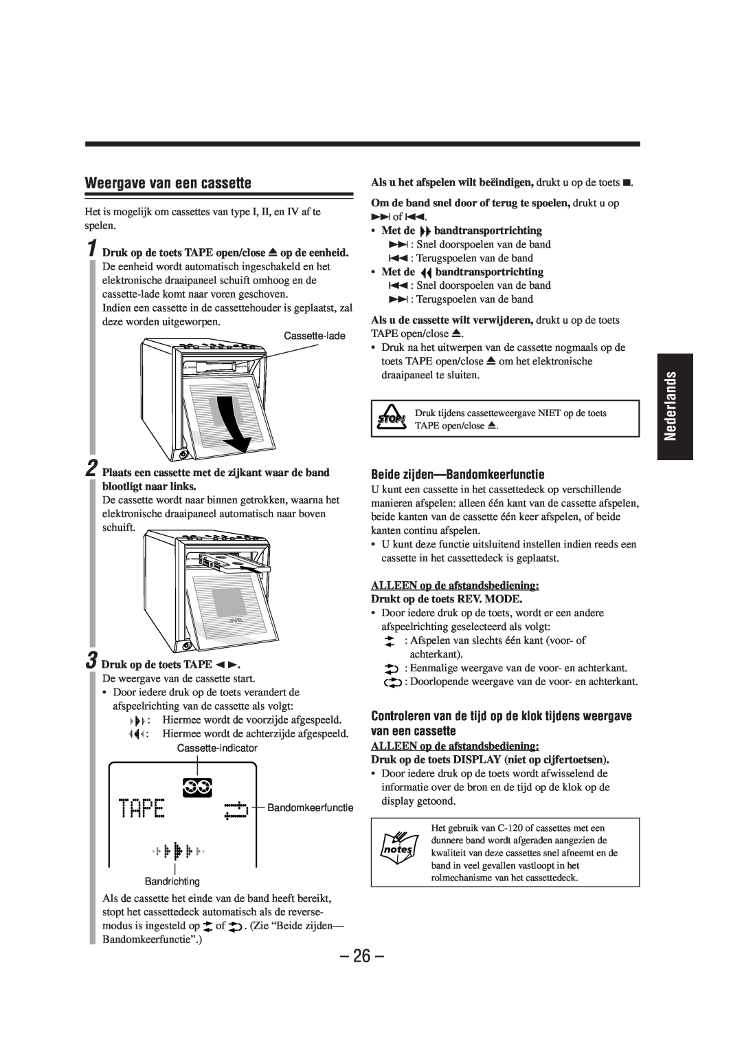JVC UX-A52R manual Weergave van een cassette, Beide zijden-Bandomkeerfunctie 