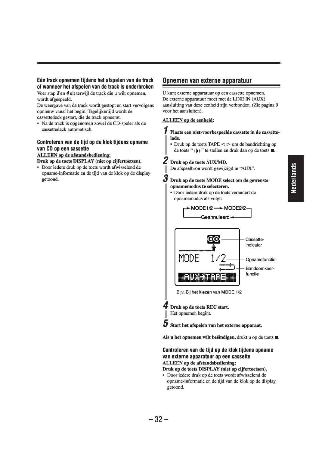 JVC UX-A52R manual Opnemen van externe apparatuur, Nederlands 
