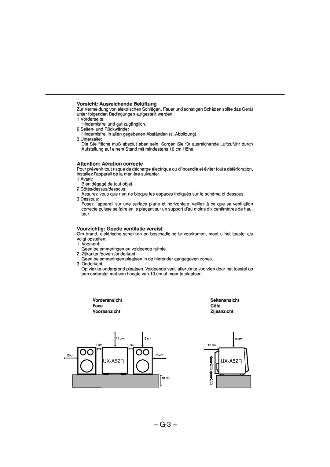 JVC UX-A52R manual G-3, Vorsicht Ausreichende Belüftung, Attention Aération correcte, Voorzichtig Goede ventilatie vereist 