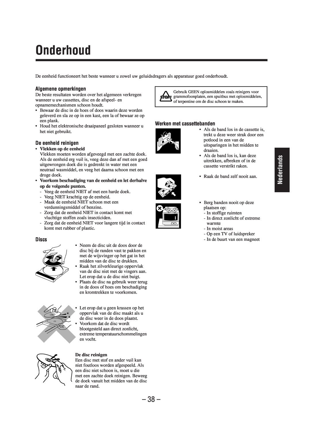 JVC UX-A52R manual Onderhoud, Algemene opmerkingen, De eenheid reinigen, Discs, Werken met cassettebanden, Nederlands 