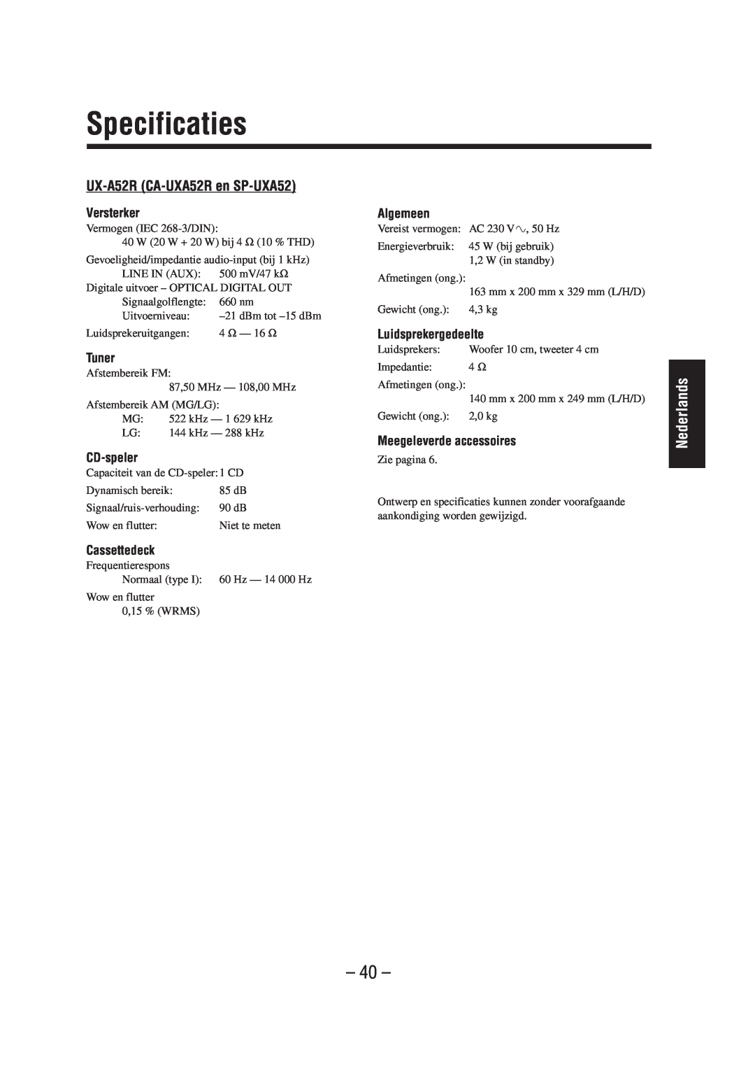 JVC manual Specificaties, UX-A52R CA-UXA52Ren SP-UXA52, Versterker, Tuner, CD-speler, Algemeen, Luidsprekergedeelte 