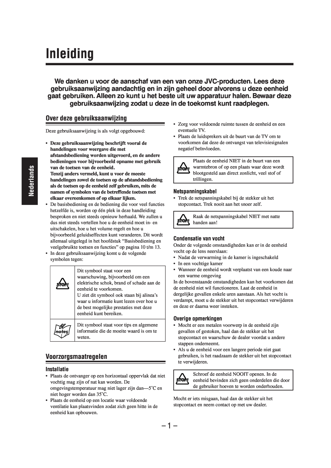 JVC UX-A52R Inleiding, Nederlands, Over deze gebruiksaanwijzing, Voorzorgsmaatregelen, Netspanningskabel, Installatie 