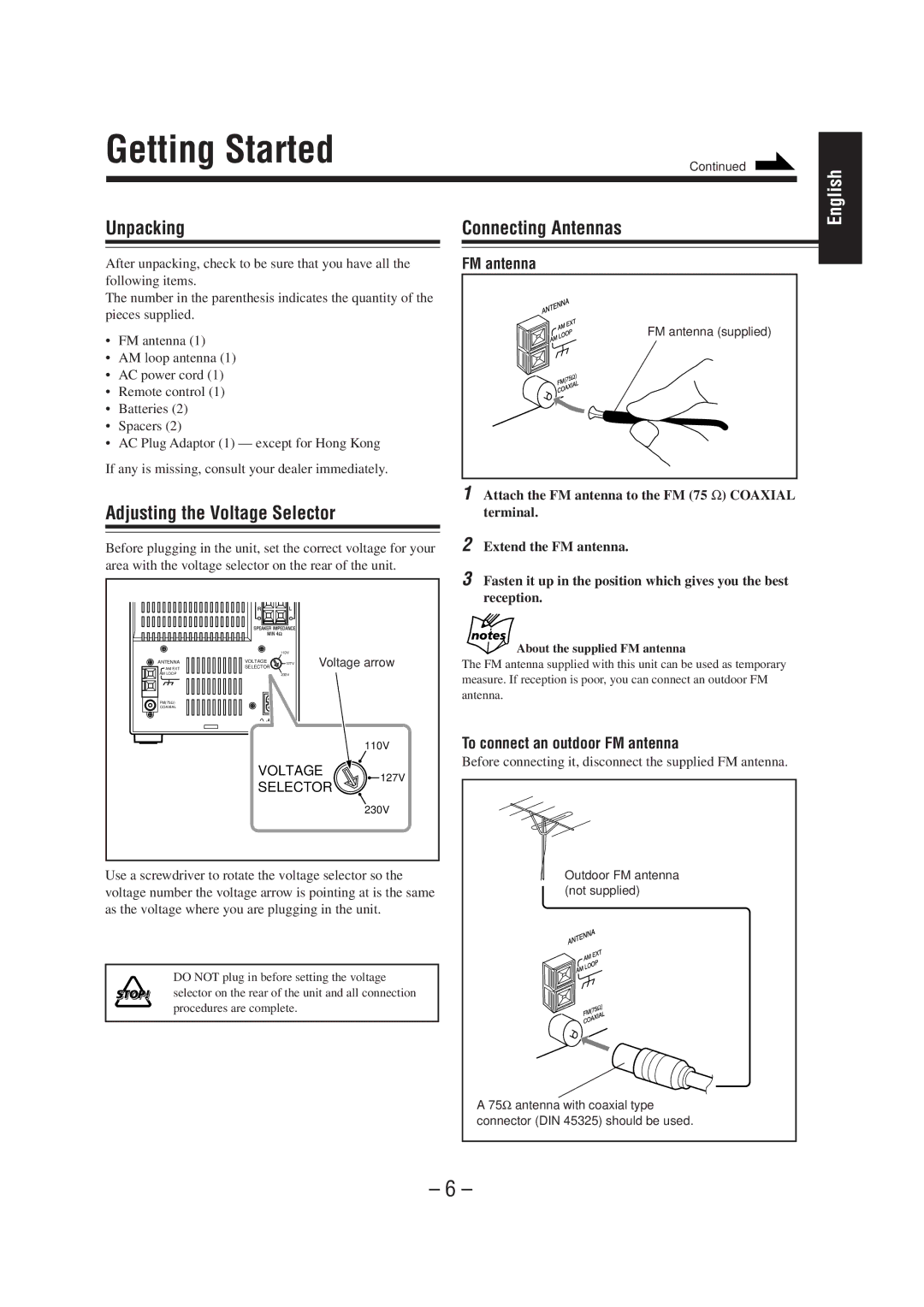 JVC UX-A70MD manual Getting Started, Unpacking, Adjusting the Voltage Selector 