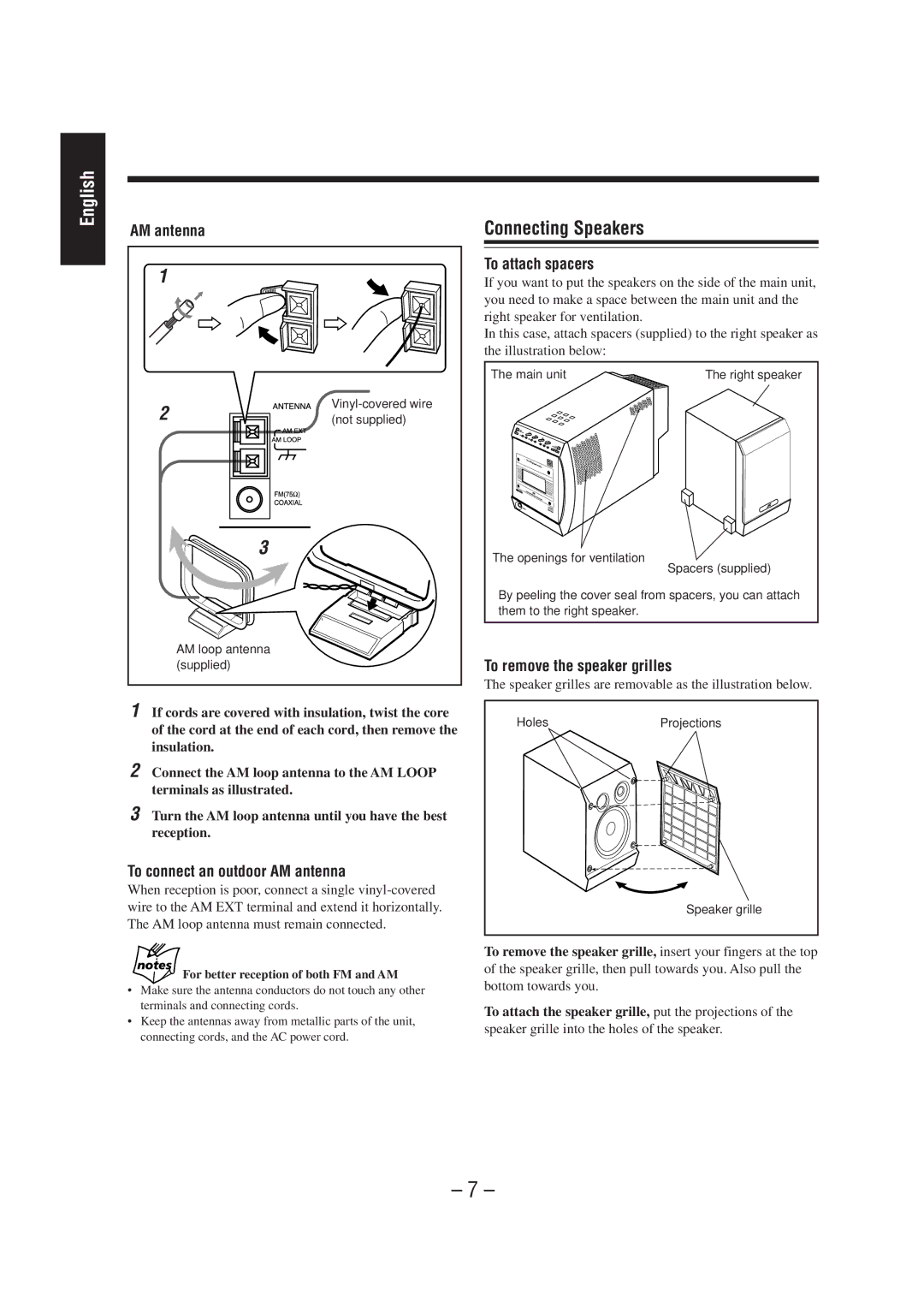 JVC UX-A70MD Connecting Speakers, To connect an outdoor AM antenna, To attach spacers, To remove the speaker grilles 