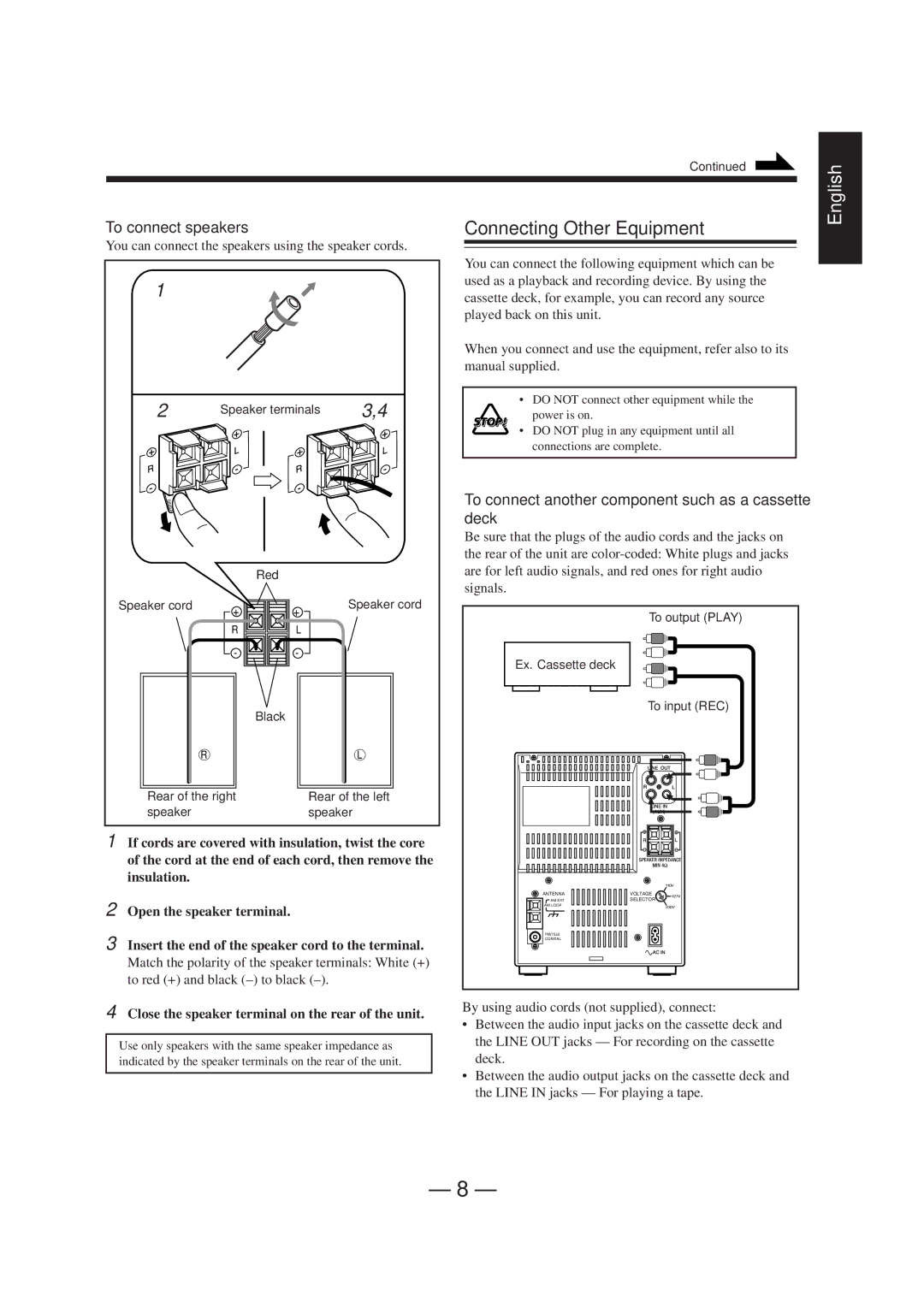 JVC UX-A70MD manual Connecting Other Equipment, To connect speakers, To connect another component such as a cassette deck 