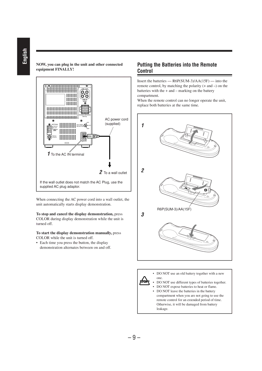 JVC UX-A70MD manual Putting the Batteries into the Remote Control, To stop and cancel the display demonstration, press 