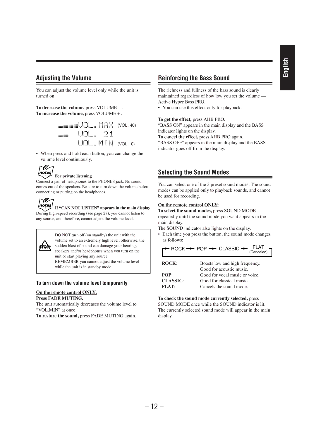 JVC UX-A70MD manual Adjusting the Volume, Reinforcing the Bass Sound, Selecting the Sound Modes 