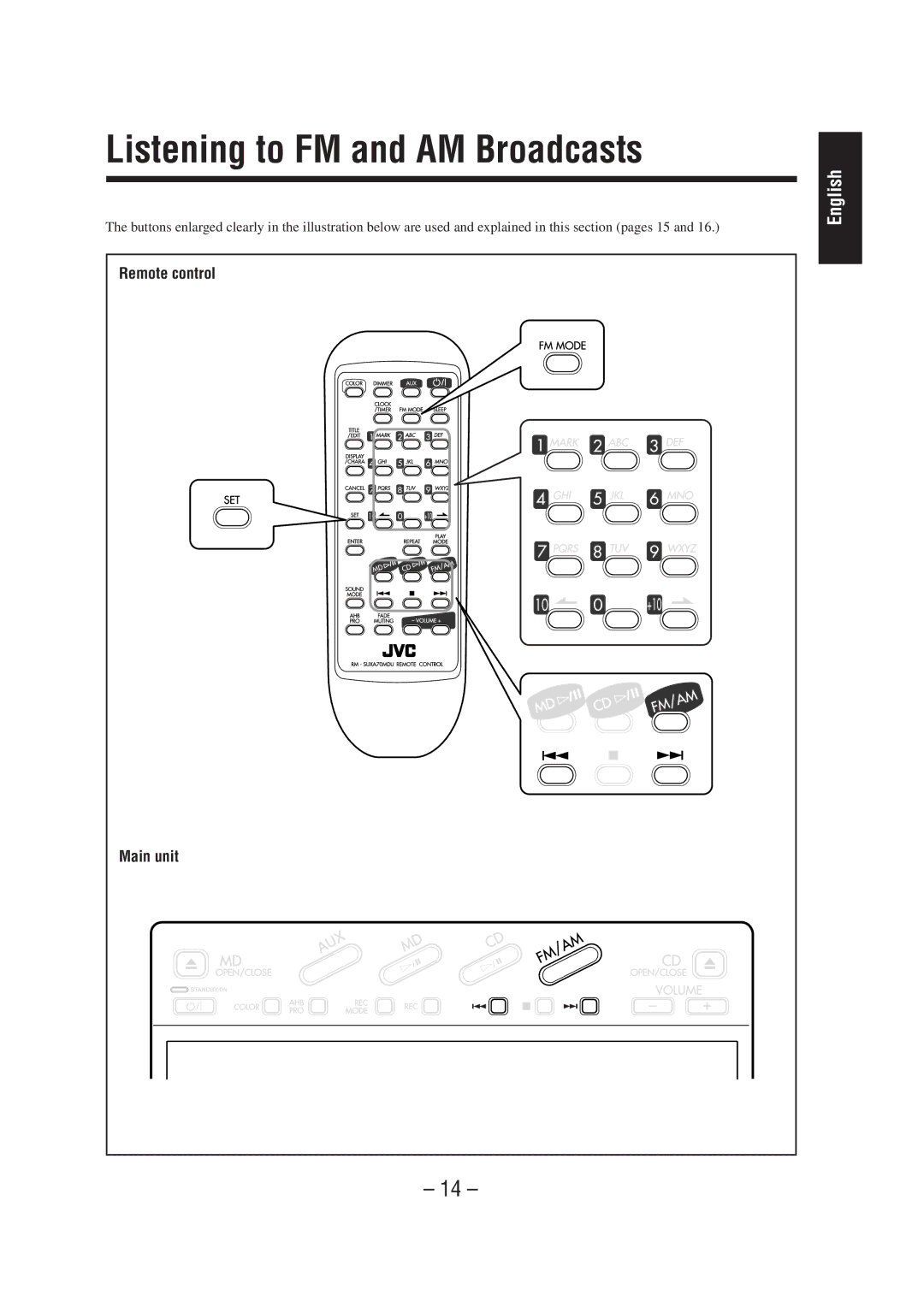 JVC UX-A70MD manual Listening to FM and AM Broadcasts, Remote control 