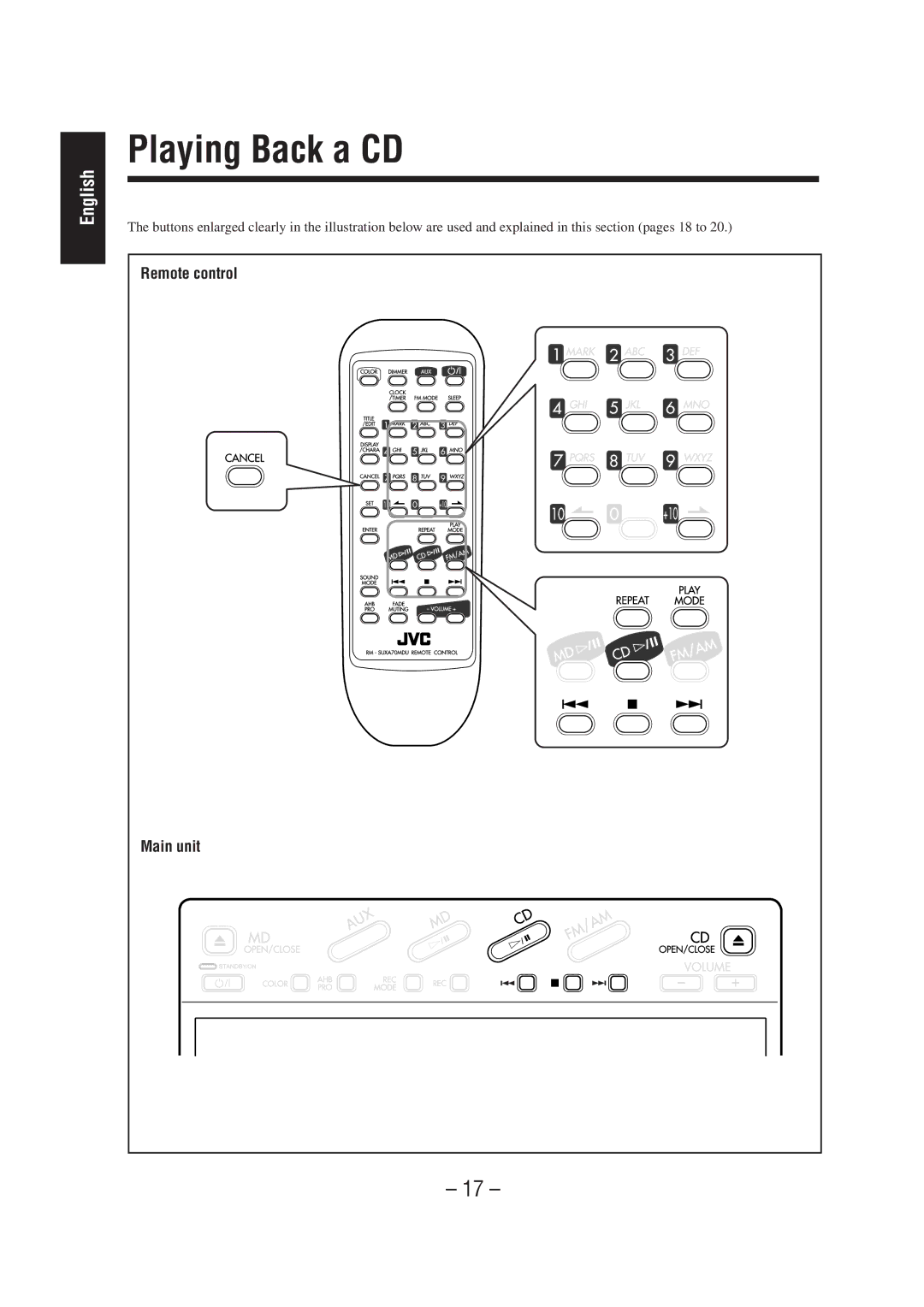 JVC UX-A70MD manual Playing Back a CD, Remote control 