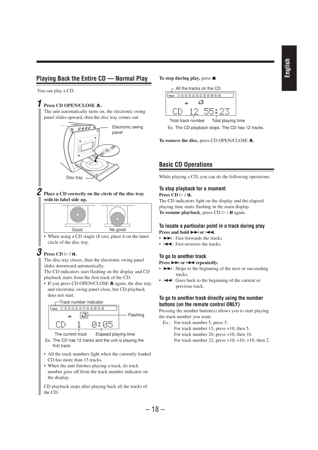 JVC UX-A70MD manual Basic CD Operations, To stop playback for a moment, To locate a particular point in a track during play 