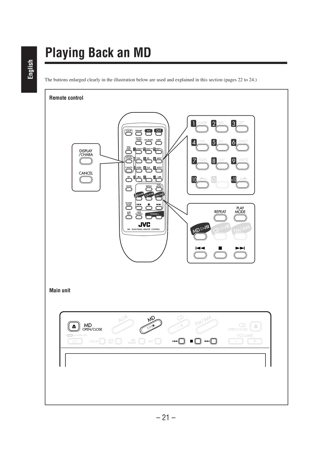 JVC UX-A70MD manual Playing Back an MD, Remote control 