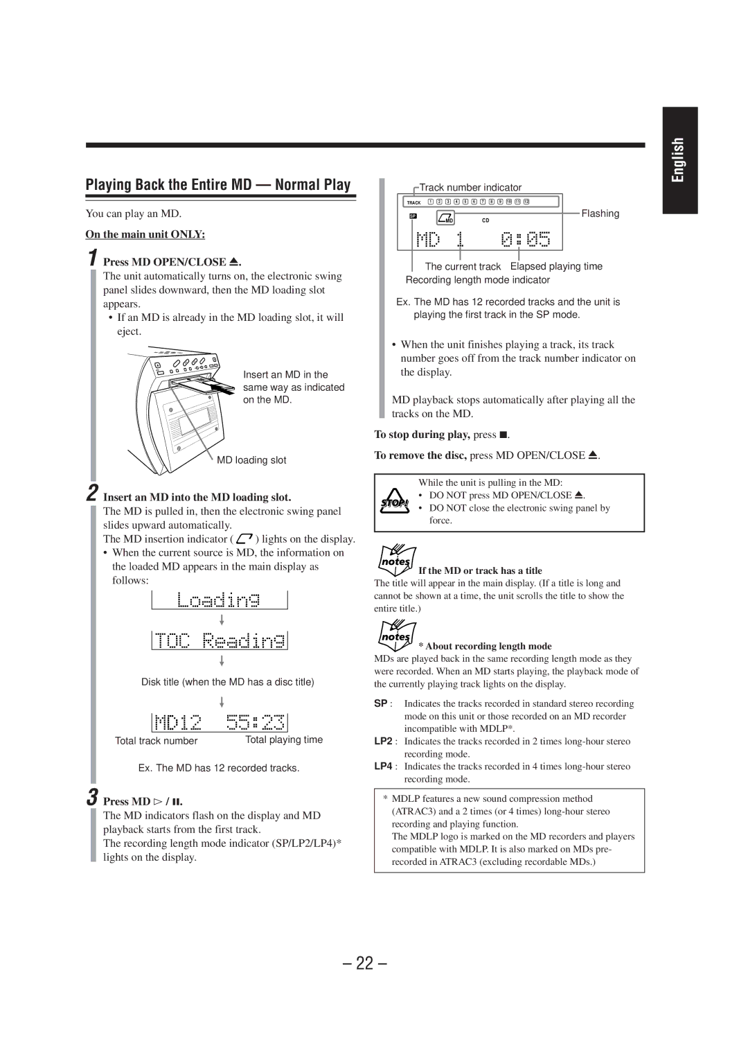 JVC UX-A70MD manual You can play an MD, On the main unit only Press MD OPEN/CLOSE, Insert an MD into the MD loading slot 