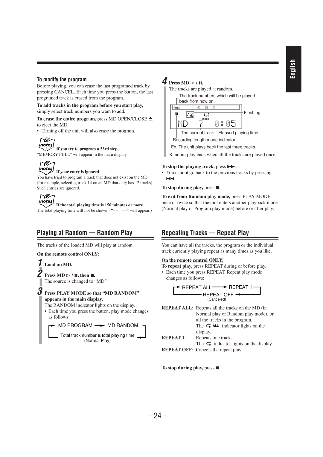 JVC UX-A70MD manual Random play ends when all the tracks are played once, To skip the playing track, press ¢ 