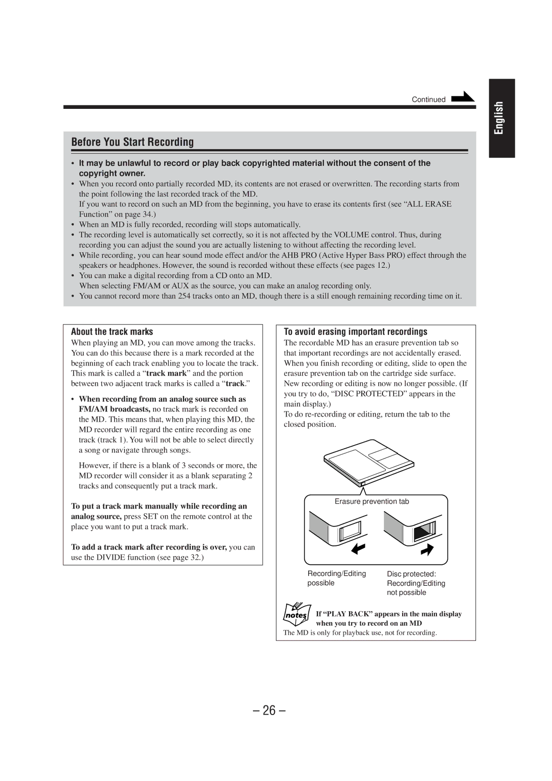 JVC UX-A70MD manual Before You Start Recording, About the track marks, To avoid erasing important recordings 