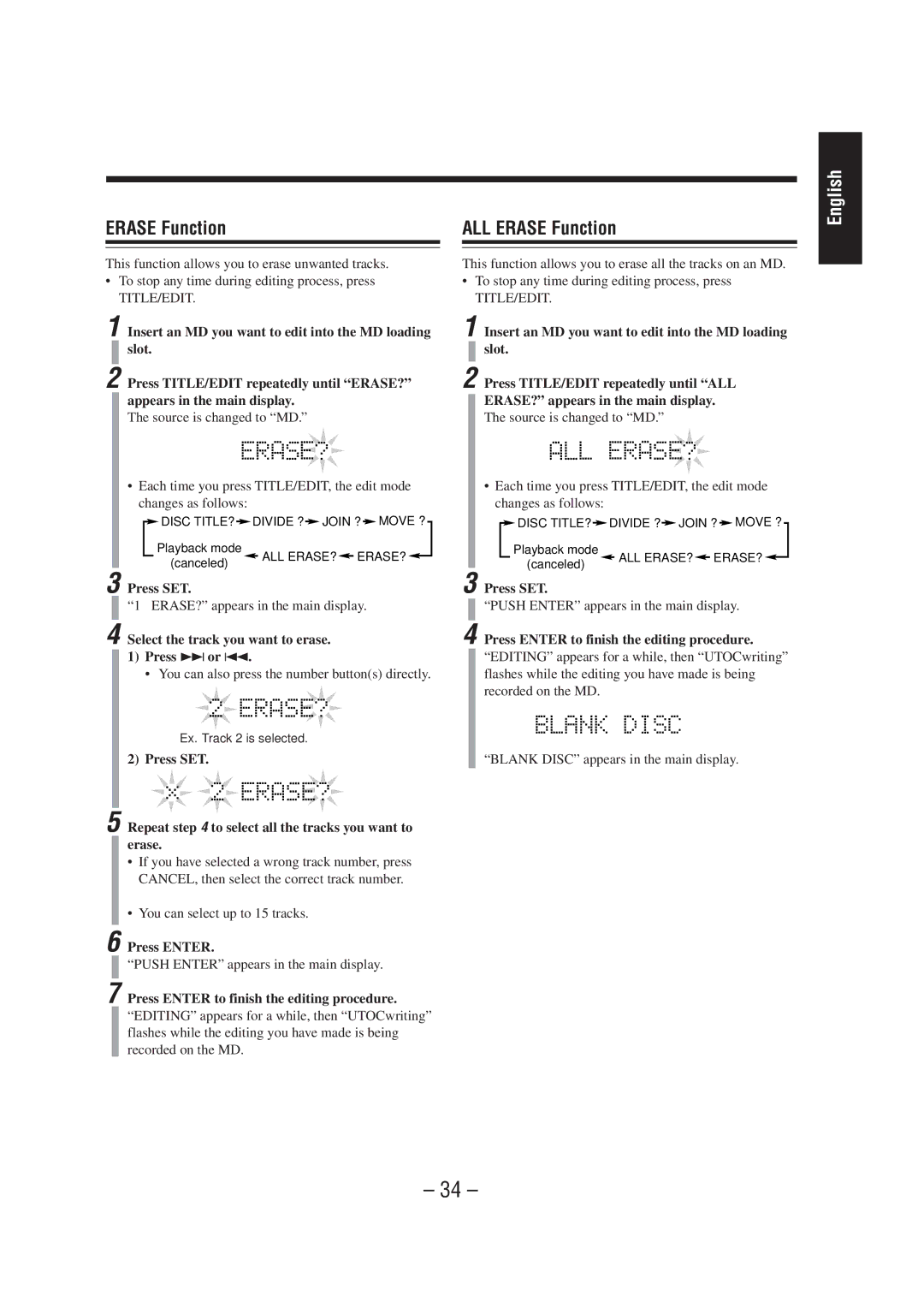 JVC UX-A70MD manual ALL Erase Function, Select the track you want to erase Press ¢or, Press Enter 