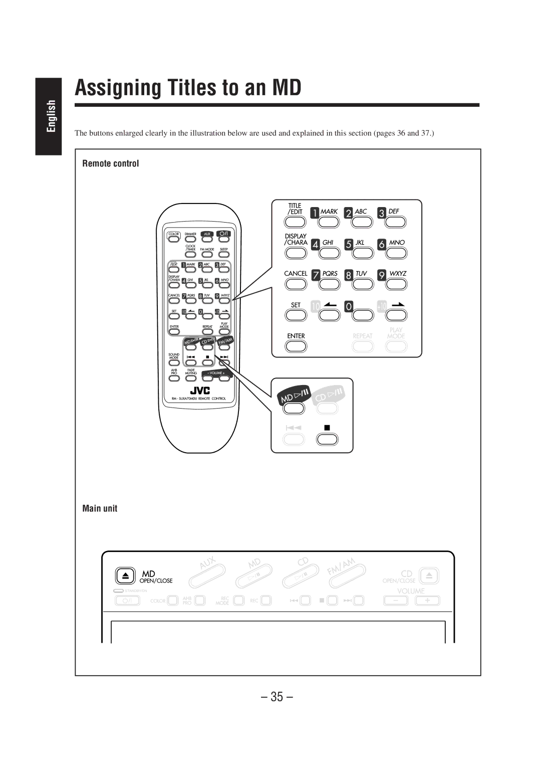 JVC UX-A70MD manual Assigning Titles to an MD, Remote control 