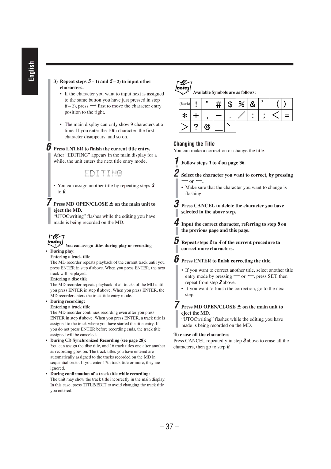 JVC UX-A70MD manual Changing the Title 