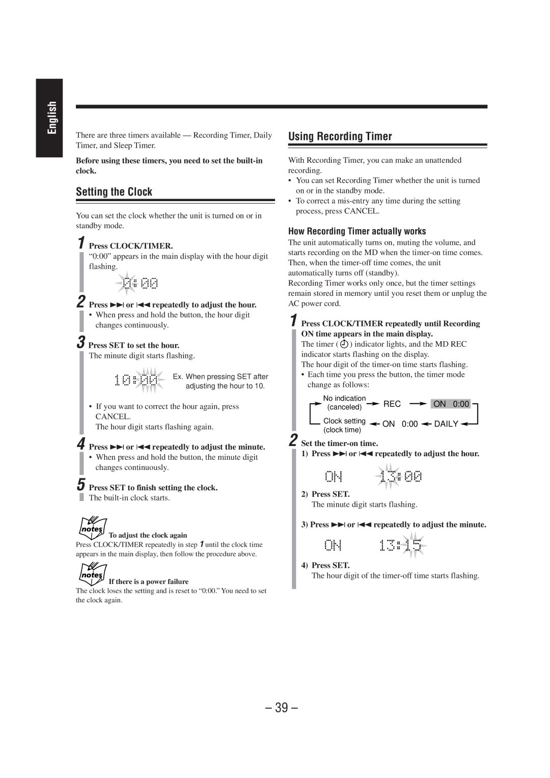 JVC UX-A70MD manual Setting the Clock, Using Recording Timer, How Recording Timer actually works 