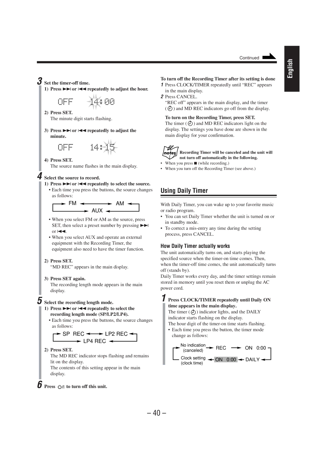 JVC UX-A70MD Using Daily Timer, How Daily Timer actually works, To turn off the Recording Timer after its setting is done 