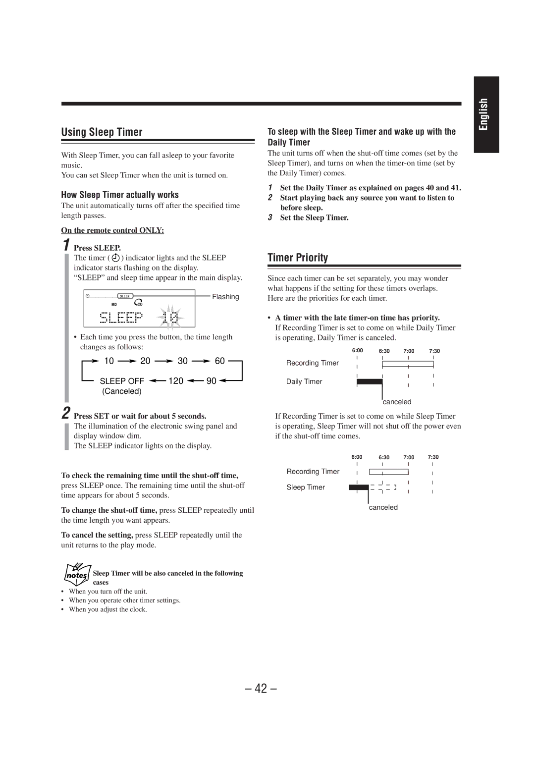 JVC UX-A70MD manual Using Sleep Timer, Timer Priority, How Sleep Timer actually works 