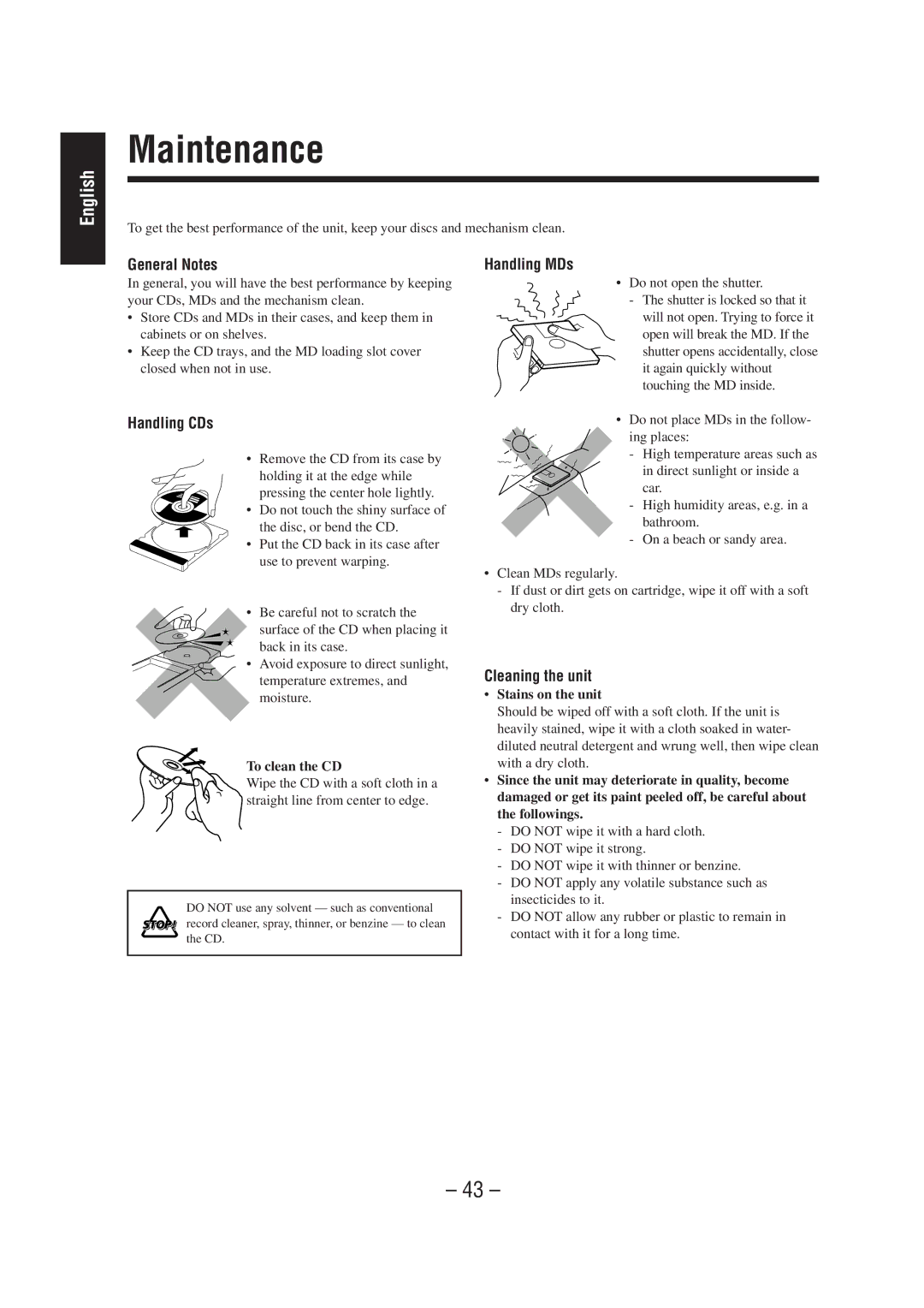 JVC UX-A70MD manual Maintenance, General Notes, Handling CDs, Handling MDs, Cleaning the unit 