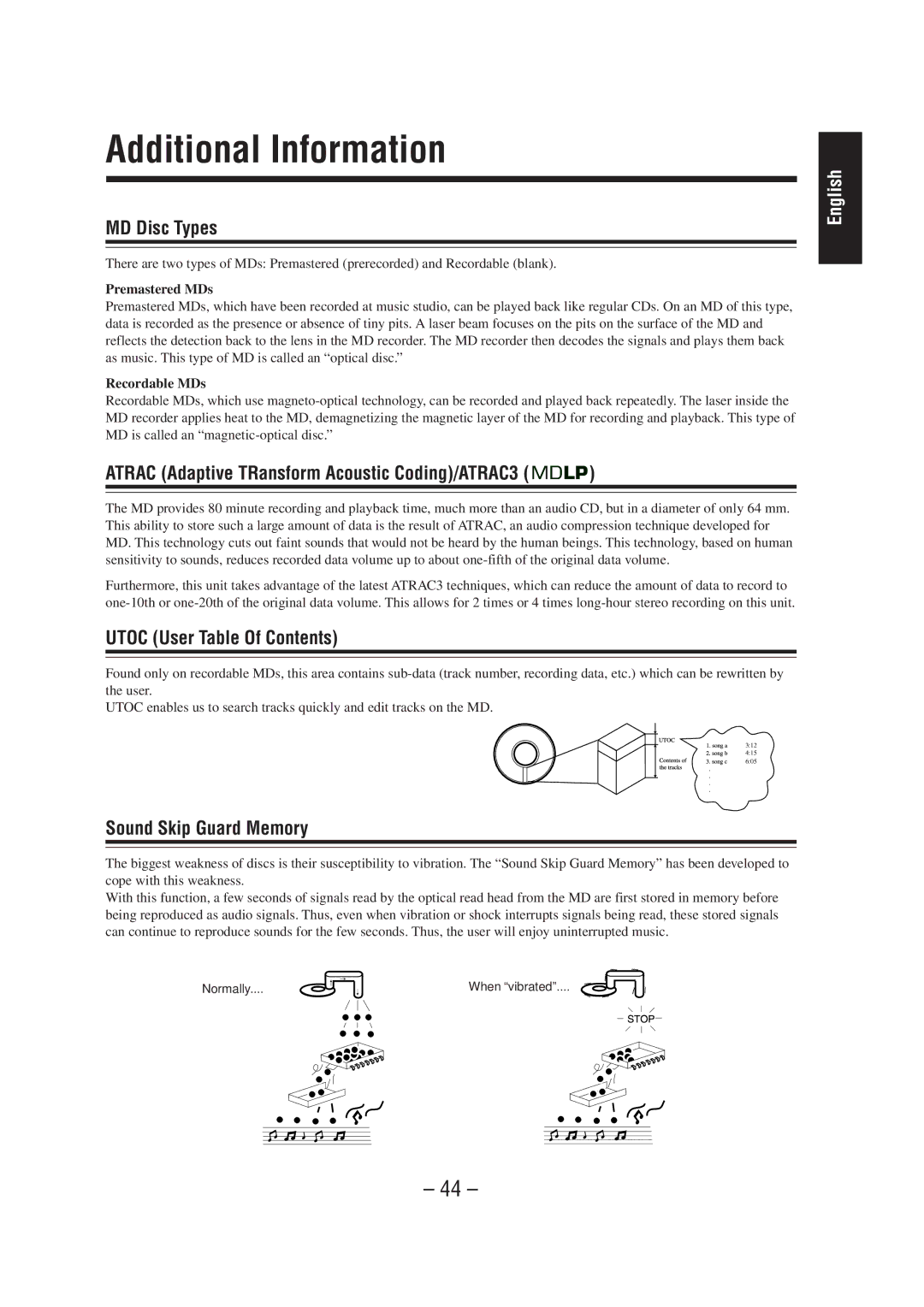 JVC UX-A70MD manual Additional Information, MD Disc Types, Atrac Adaptive TRansform Acoustic Coding/ATRAC3 