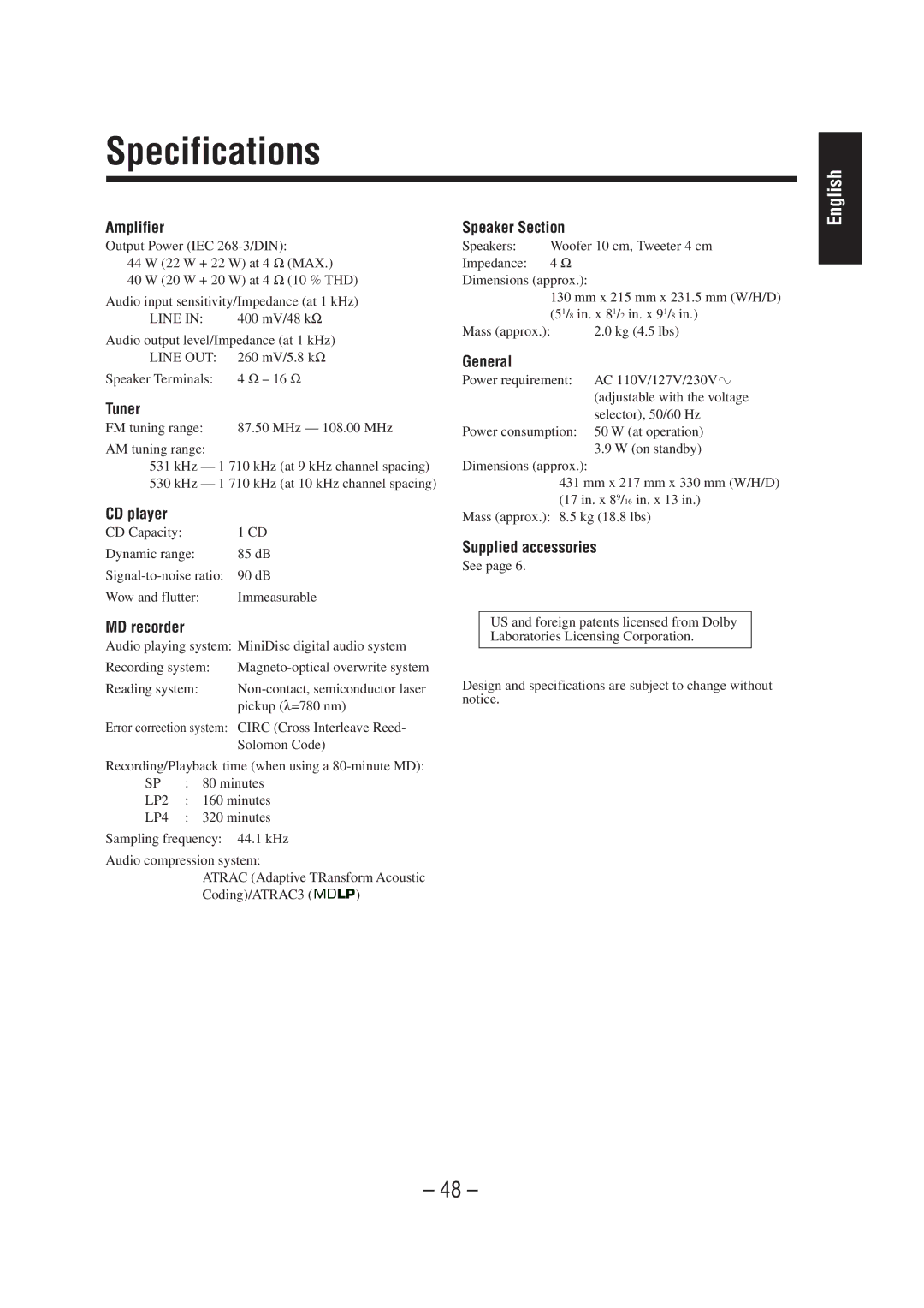 JVC UX-A70MD manual Specifications 