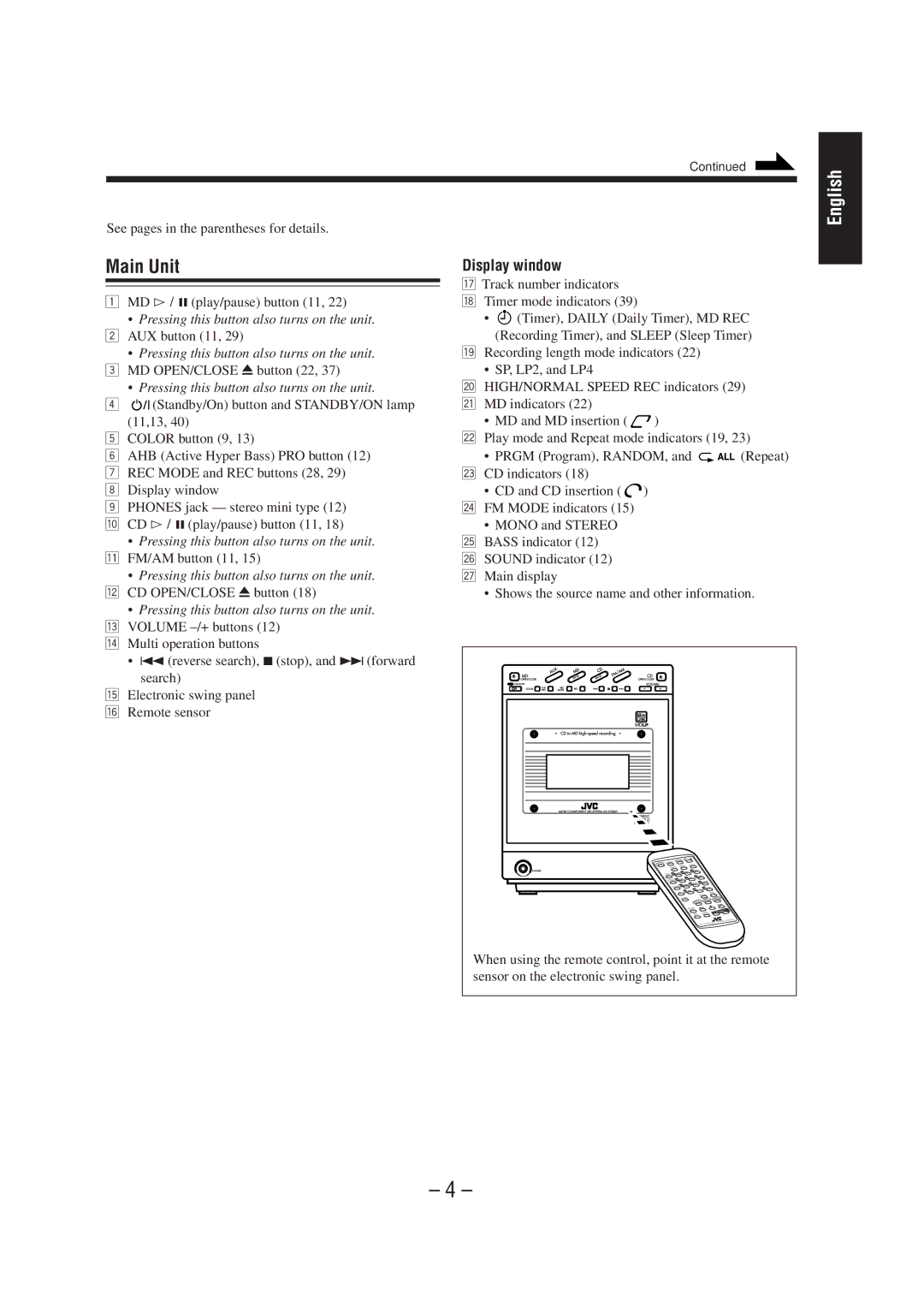 JVC UX-A70MD manual Main Unit, Display window 