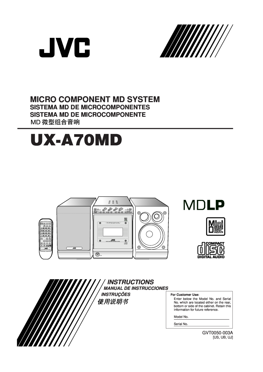 JVC UX-A70MD manual Sistema Md De Microcomponentes, GVT0050-003A, Micro Component Md System, Instructions, Instruções 