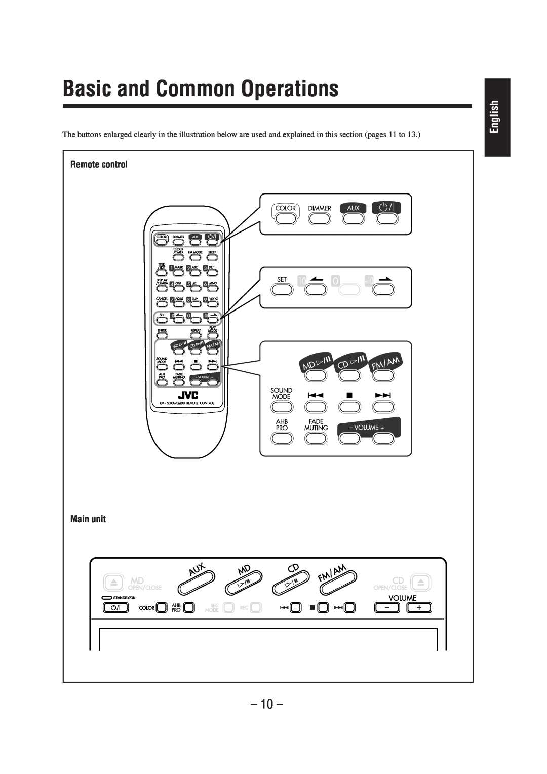 JVC UX-A70MD manual Basic and Common Operations, Remote control, English, Main unit 