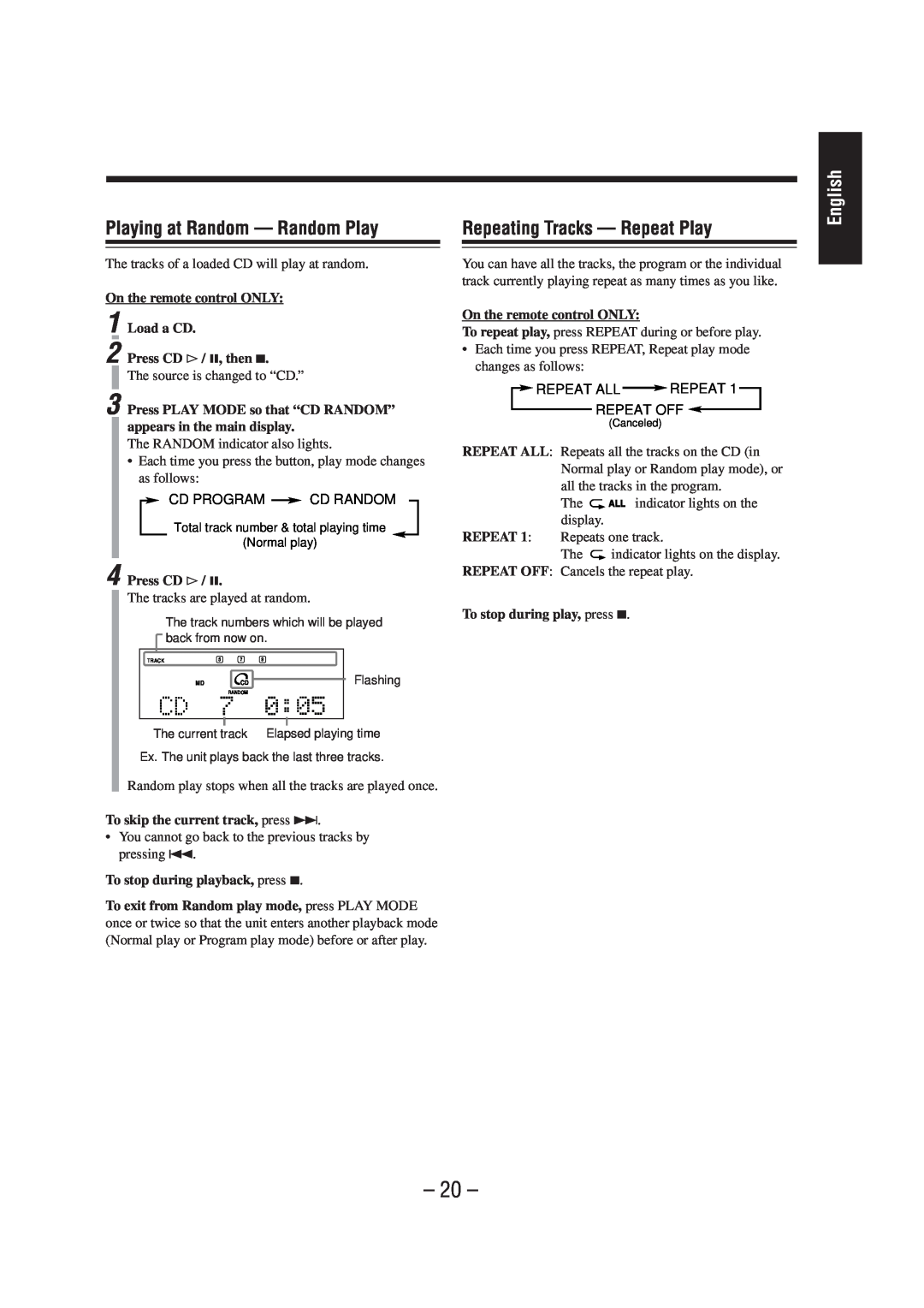 JVC UX-A70MD manual Playing at Random - Random Play, Repeating Tracks - Repeat Play, English 