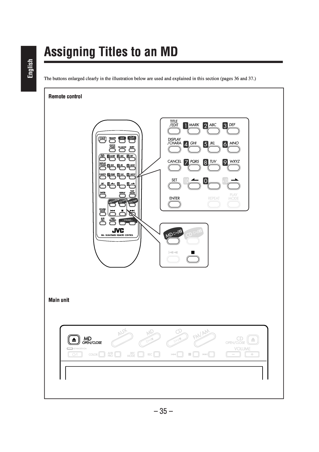 JVC UX-A70MD manual Assigning Titles to an MD, English, Remote control, Main unit 