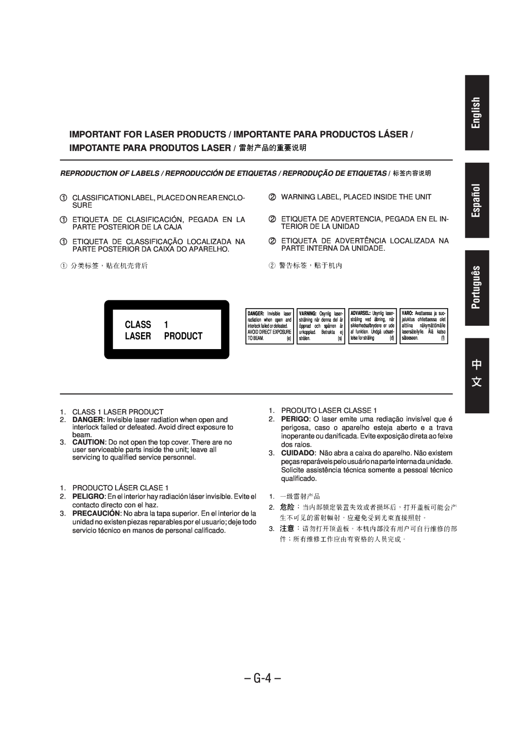 JVC UX-A70MD manual G-4, Class, Laser, Product, English Español Português 