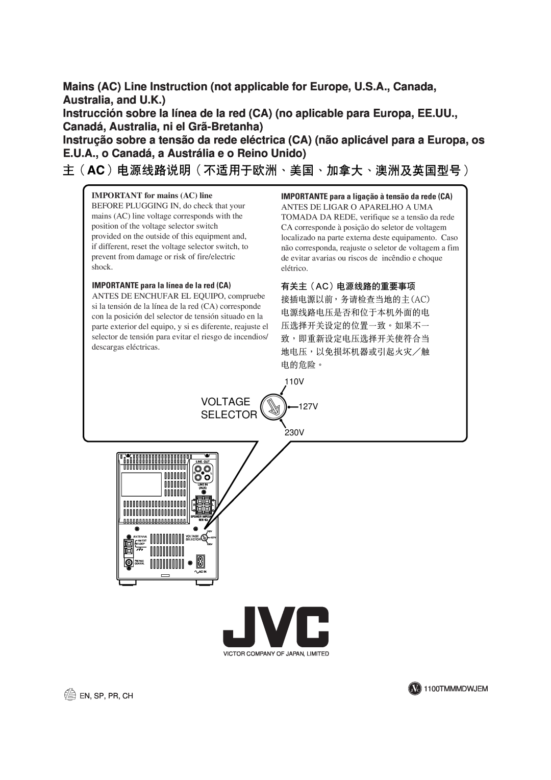 JVC UX-A70MD manual VOLTAGE 127V SELECTOR, IMPORTANT for mains AC line 