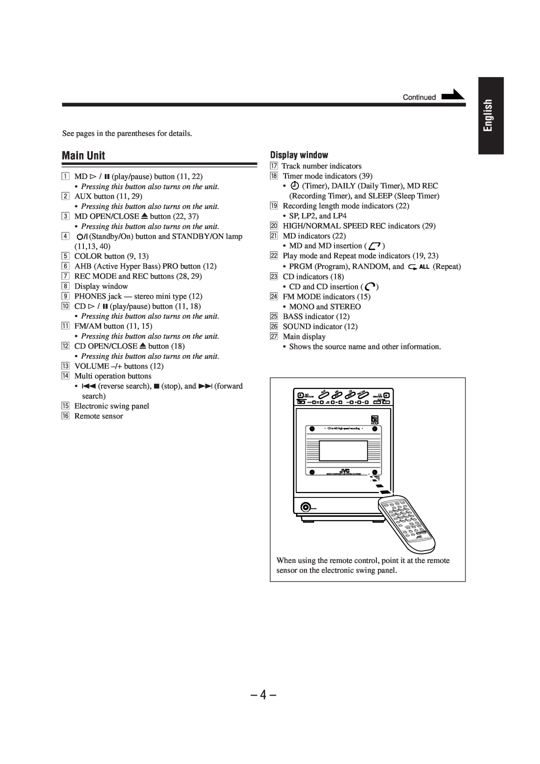 JVC UX-A70MD manual Main Unit, Display window, English 