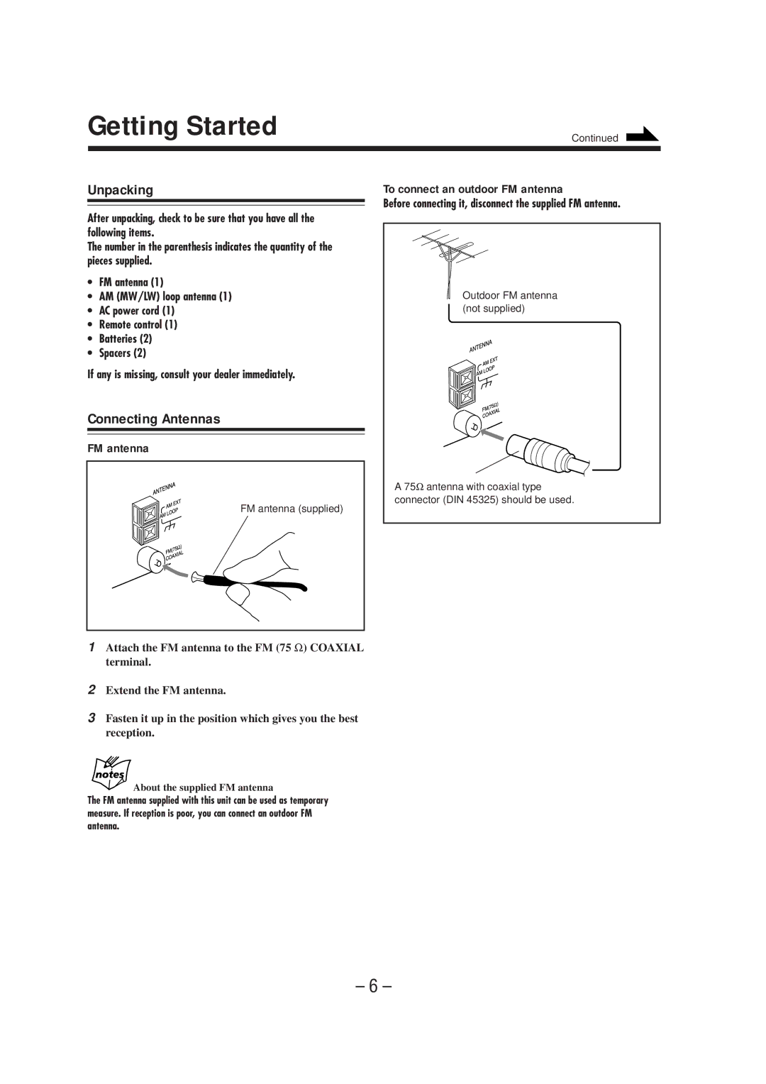 JVC UX-A70MDR manual Getting Started, Unpacking, Connecting Antennas, To connect an outdoor FM antenna 