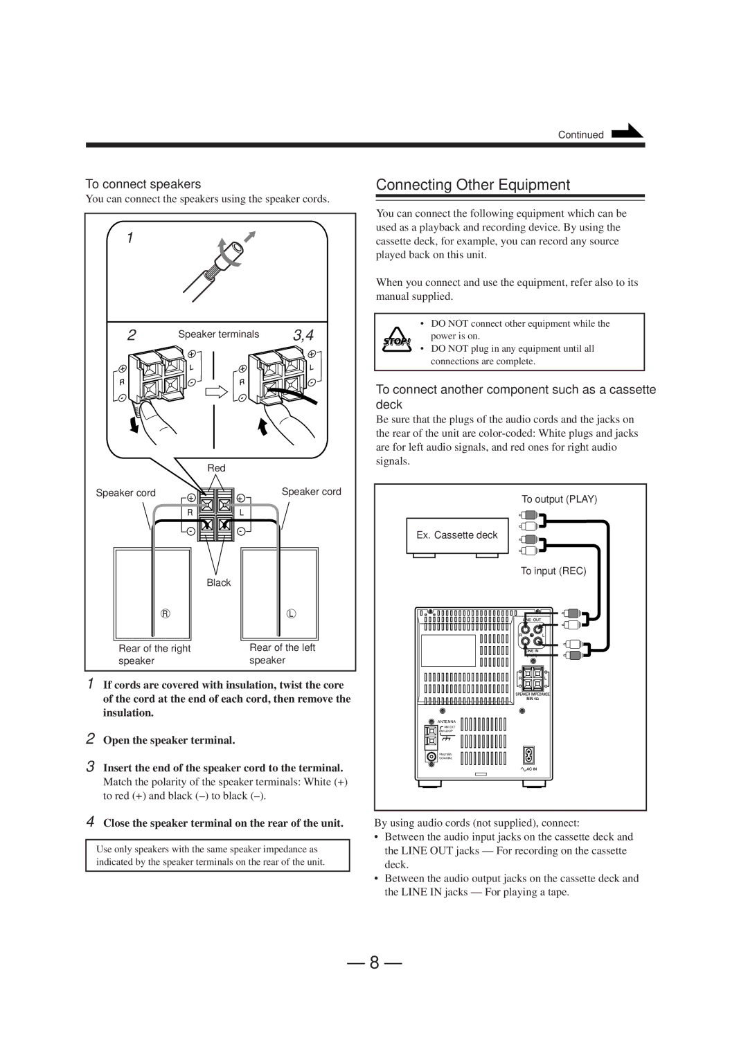 JVC UX-A70MDR manual Connecting Other Equipment, To connect speakers, To connect another component such as a cassette deck 