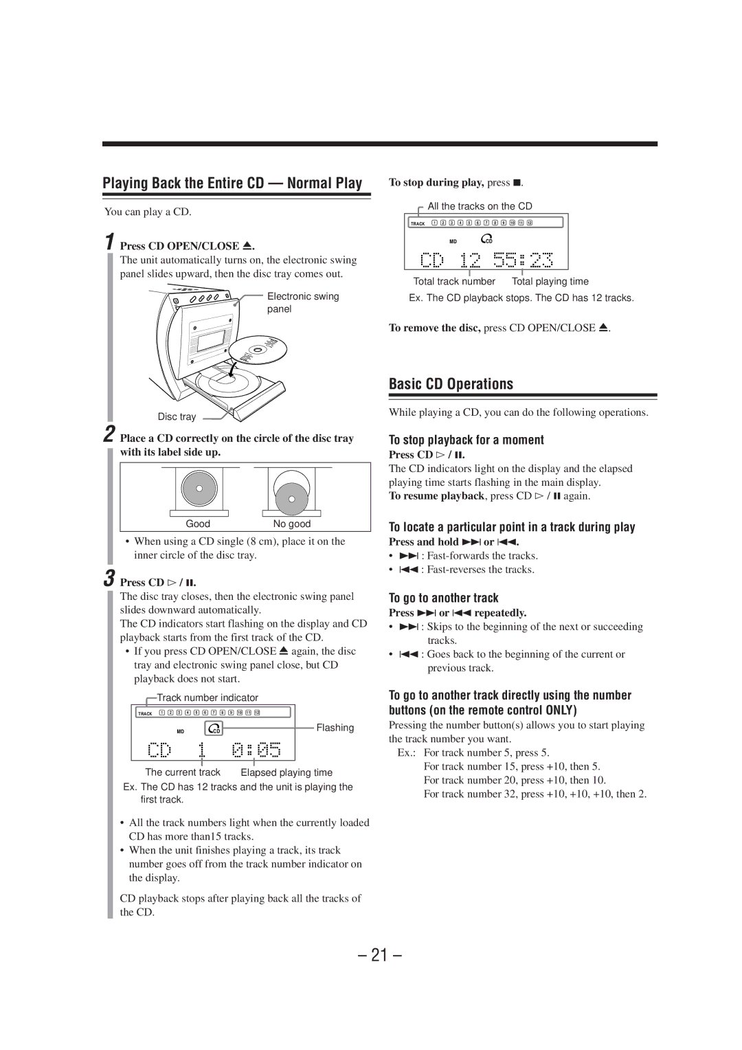 JVC UX-A70MDR Basic CD Operations, To stop playback for a moment, To locate a particular point in a track during play 