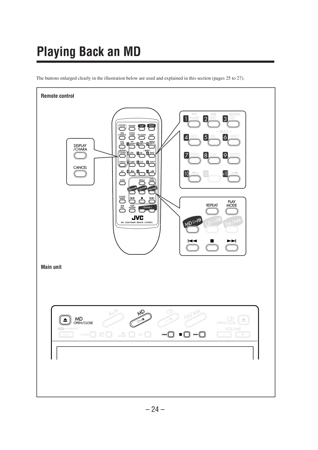 JVC UX-A70MDR manual Playing Back an MD, Remote control 