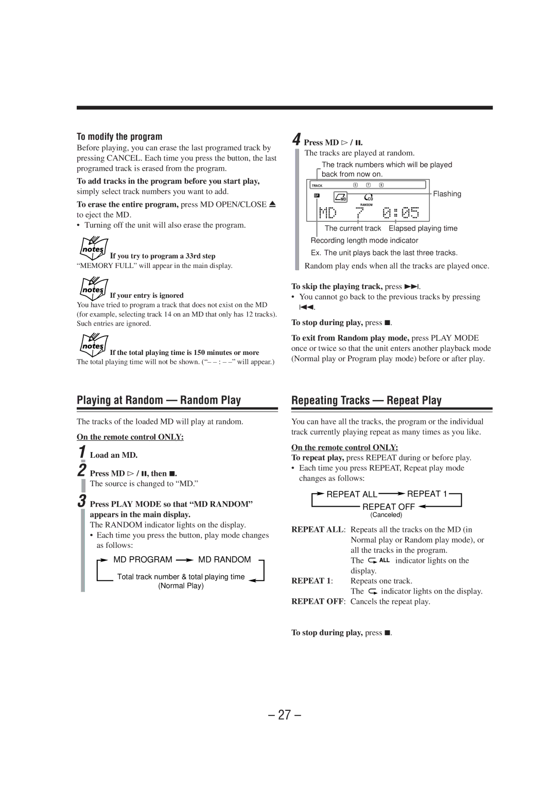 JVC UX-A70MDR manual Random play ends when all the tracks are played once, To skip the playing track, press ¢ 