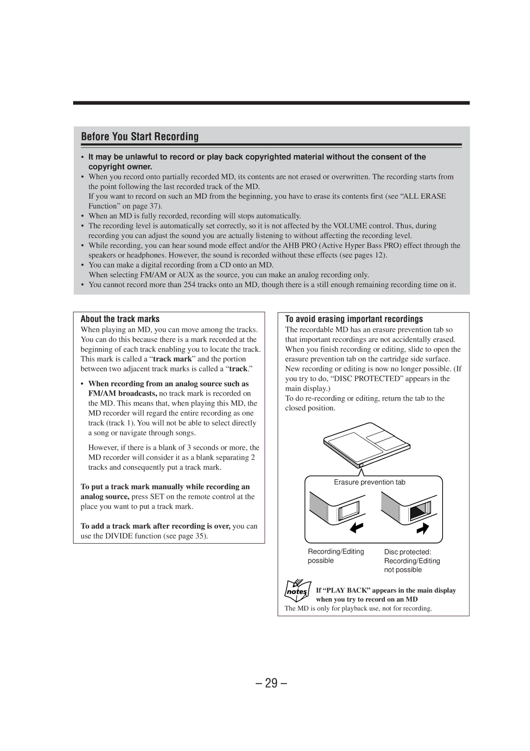 JVC UX-A70MDR manual Before You Start Recording, About the track marks, To avoid erasing important recordings 